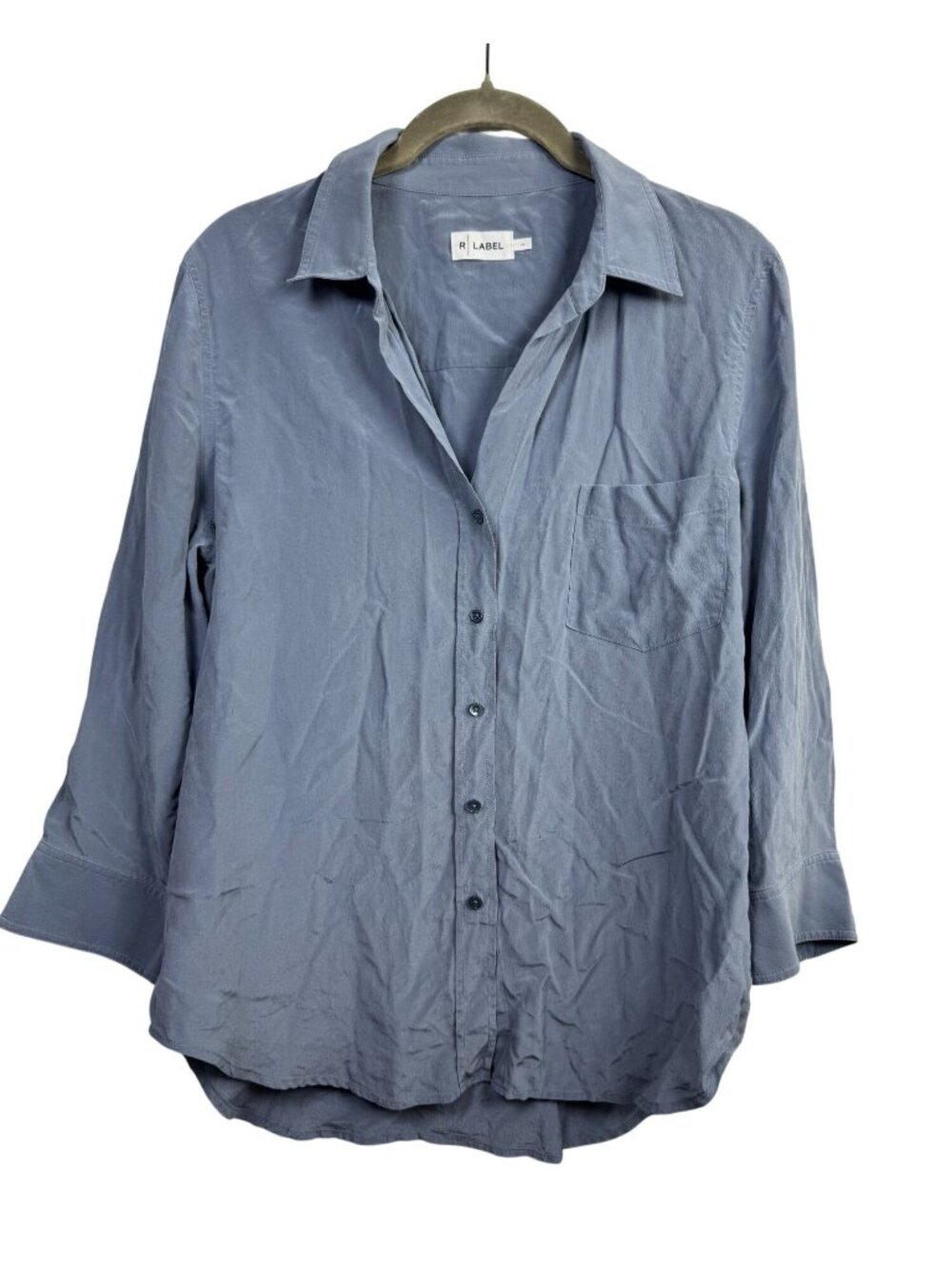 R Label Womens Blue Periwinkle Button Up Shirt 100% Silk Size Medium Long sleeve